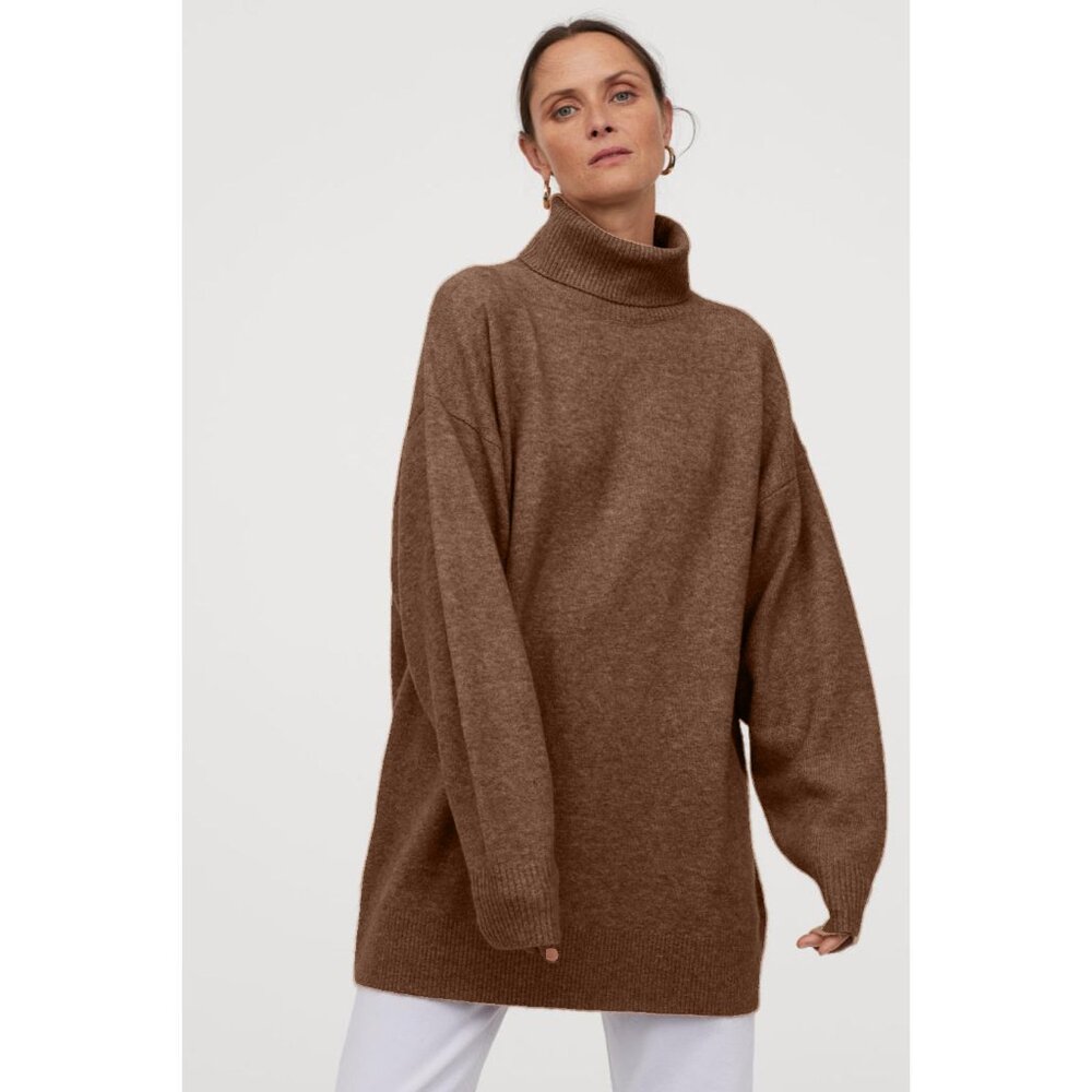 H&M Tunic Sweater Turtleneck Wool Brown Melange